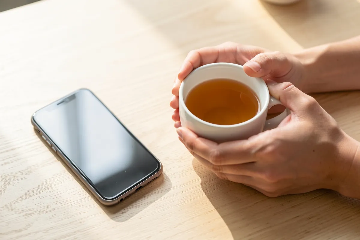 Hands holding a cup of tea next to a phone lying face down