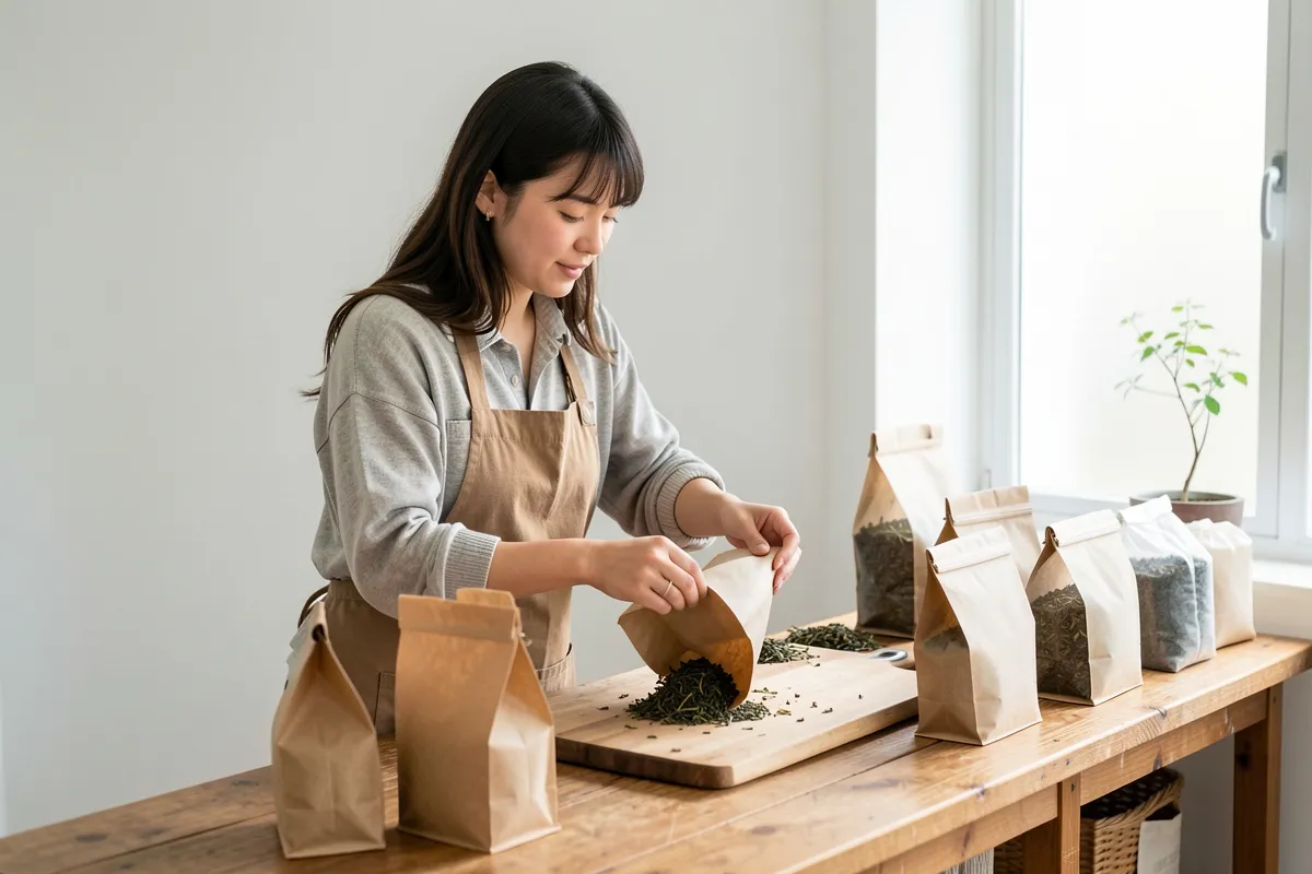 An online tea shop owner packing loose tea into paper pouches