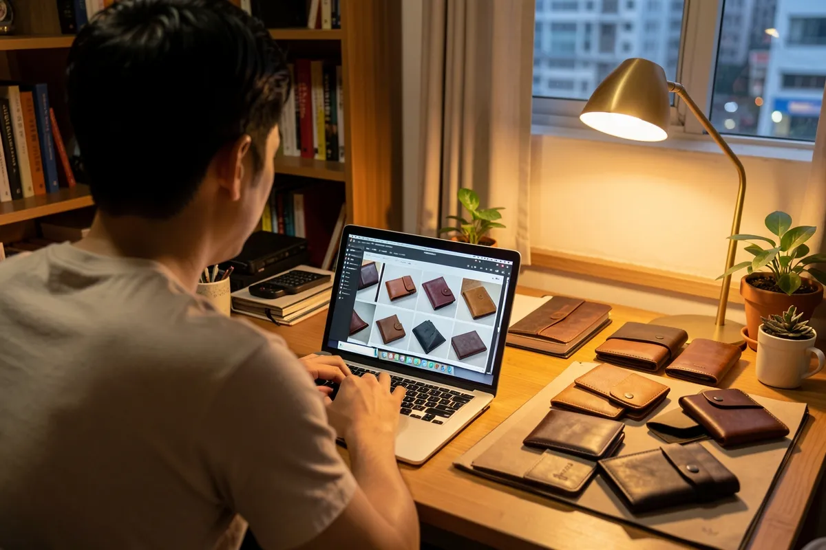 A craftsman editing photos of handmade leather goods at home