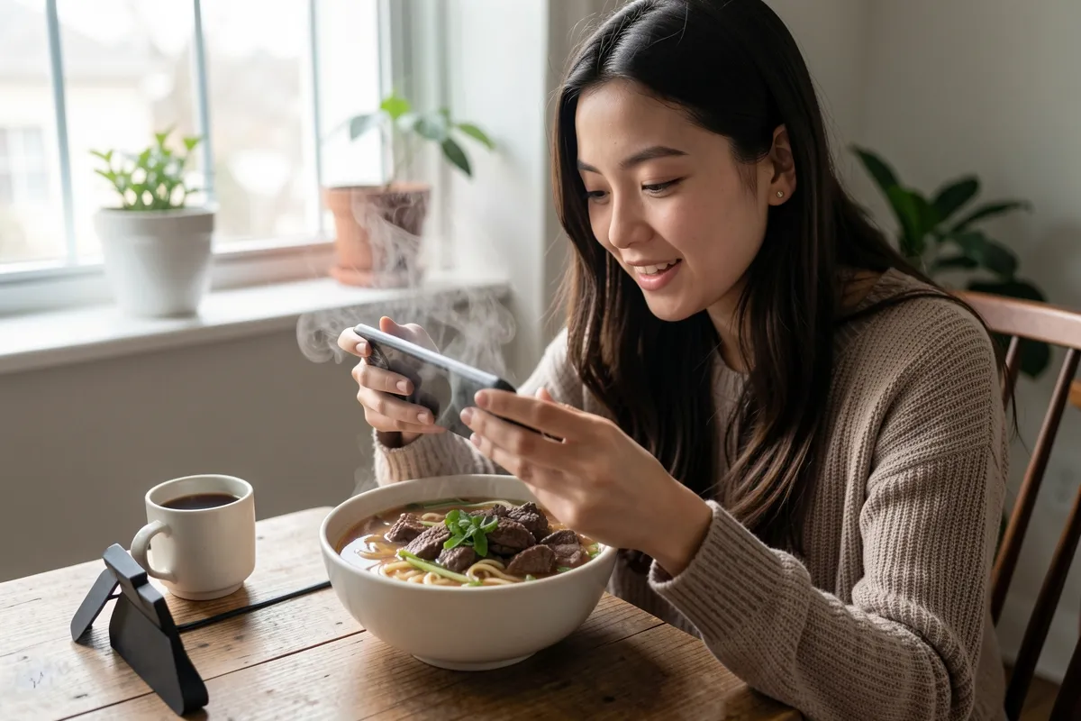 A food writer photographing a bowl of noodle soup at home