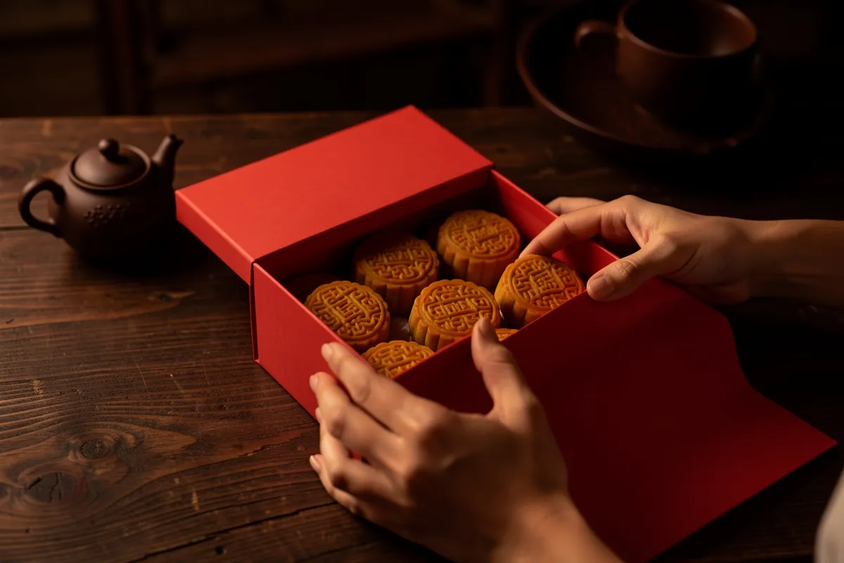 Hands placing mooncakes into a red gift box