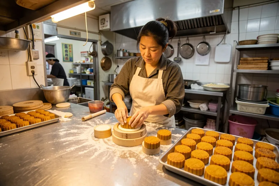 A baker pressing mooncakes into wooden molds in a small kitchen