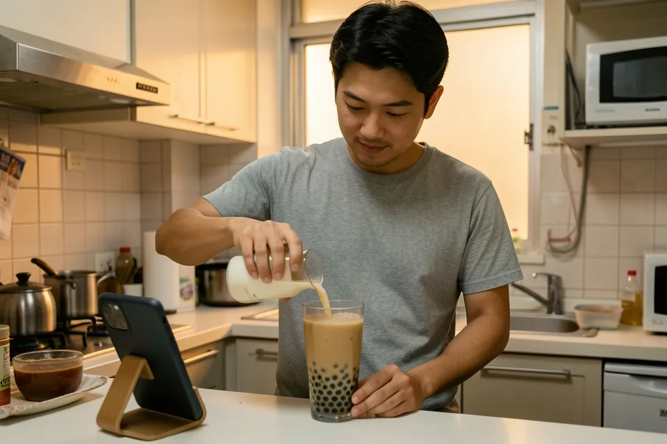 A man pouring milk tea over tapioca pearls in a small apartment kitchen