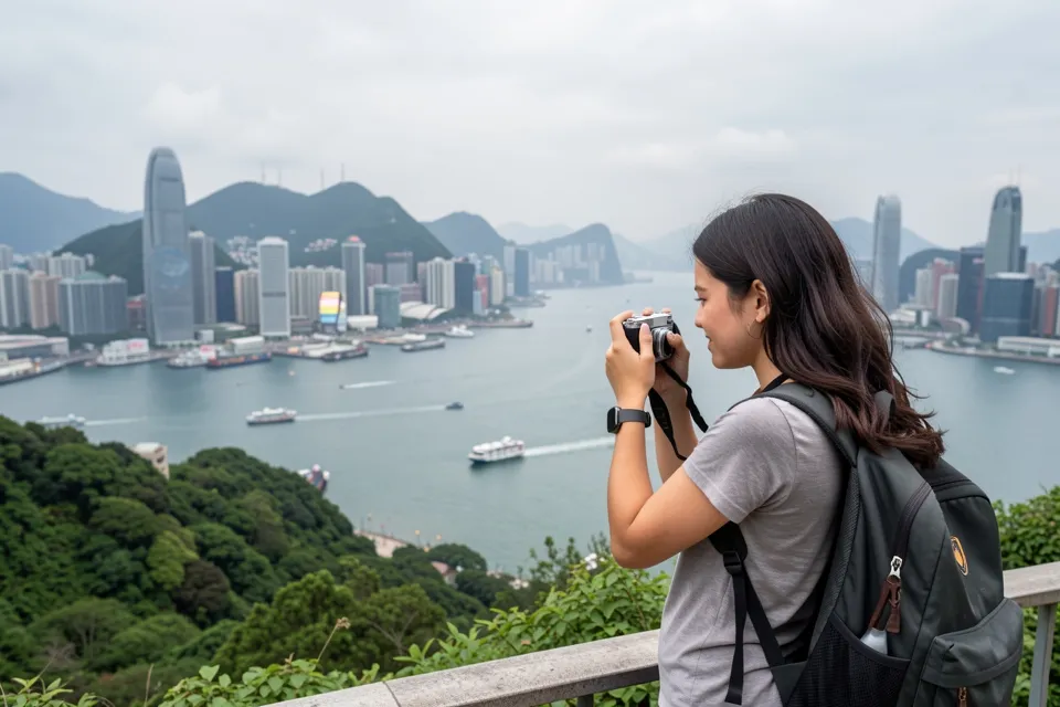 A traveler photographing a harbour view from a hillside lookout