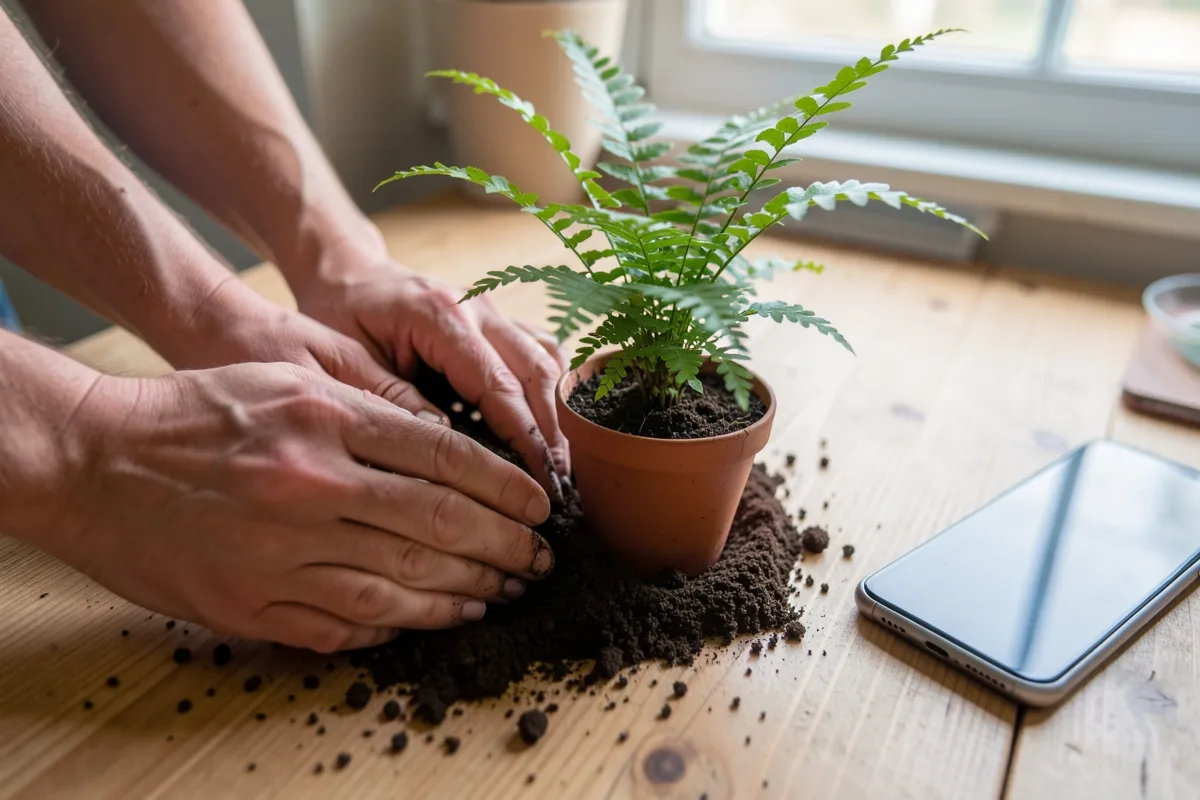 Hands pressing soil around a small potted fern