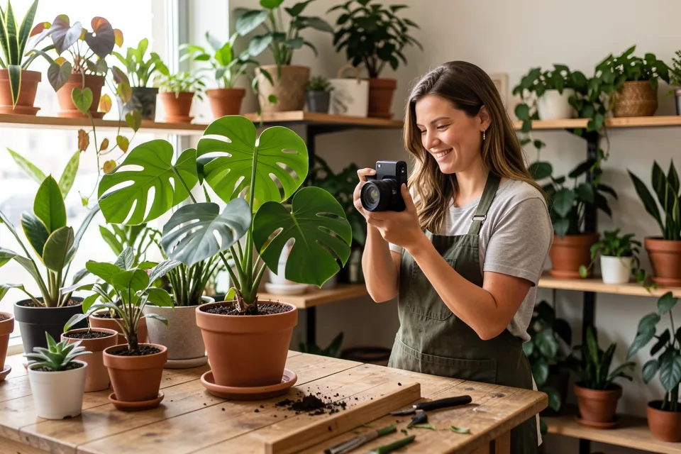 A plant shop owner photographing a freshly repotted monstera