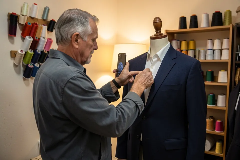 A tailor photographing a fitted jacket on a dress form
