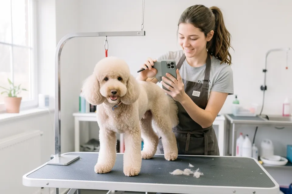 A dog groomer photographing a freshly groomed poodle