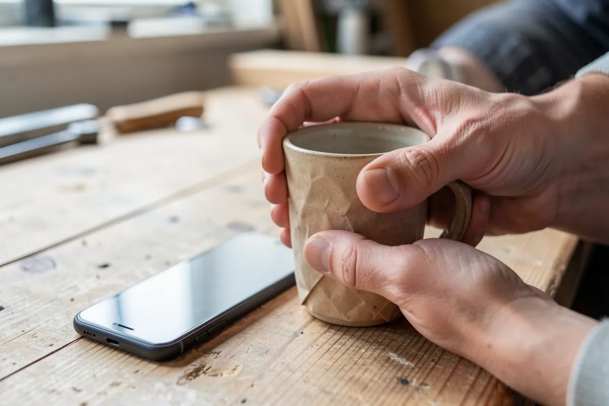 Hands wrapping a stoneware mug in paper next to a phone lying face down