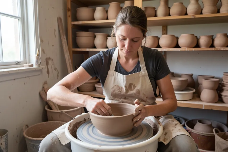 A potter trimming a stoneware bowl on a wheel in a small studio