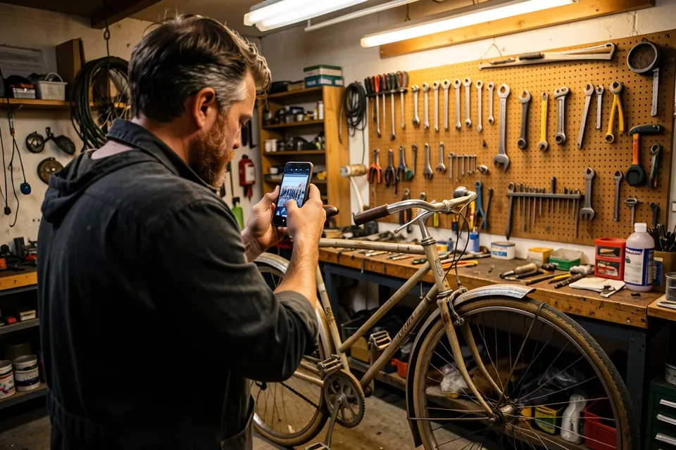 A bicycle mechanic photographing a restored bike in his workshop