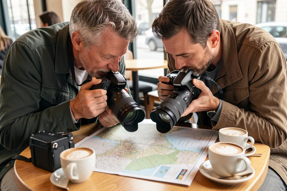 Two travel photographers planning a route over a paper map in a cafe