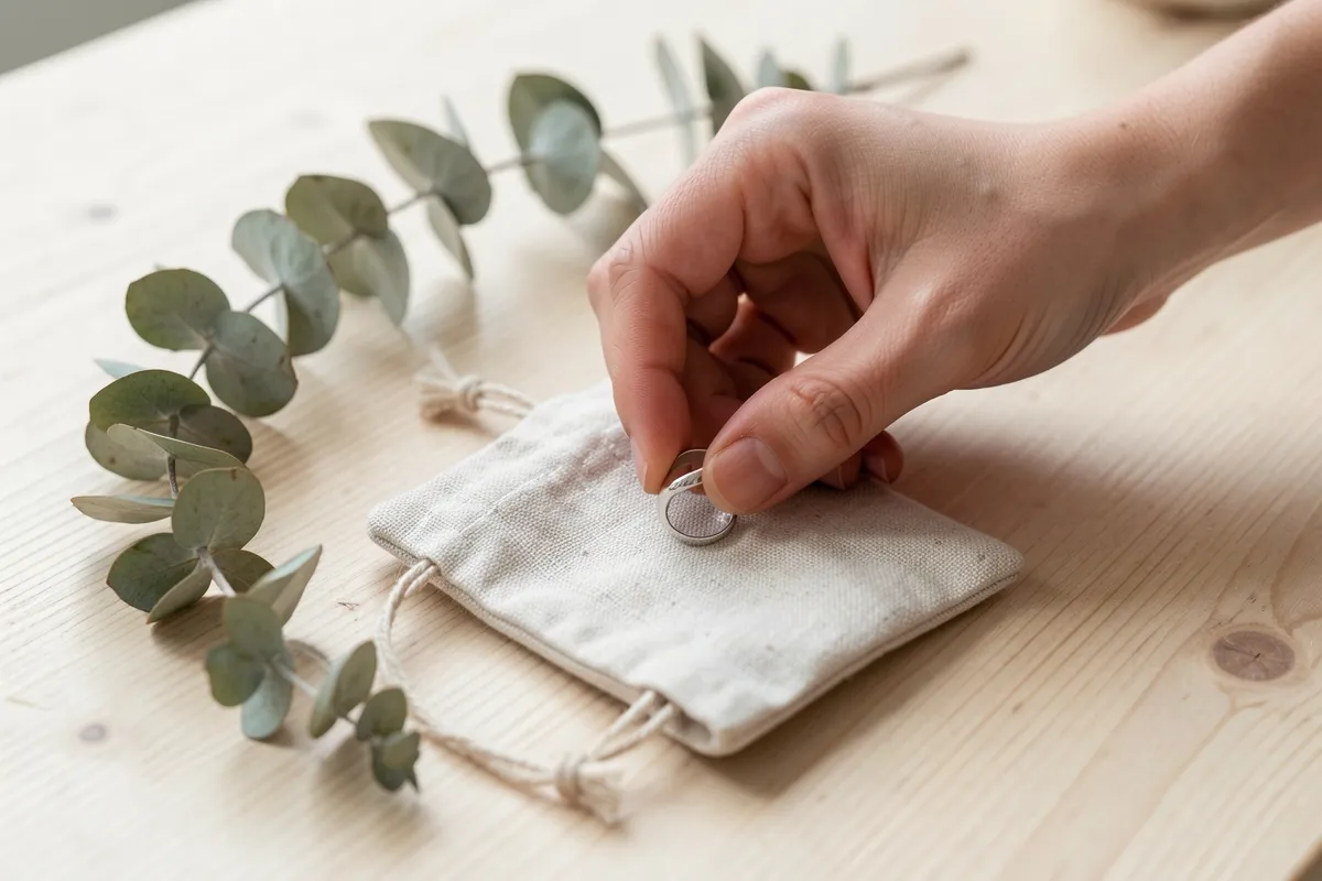 Hands slipping a silver ring into a small linen pouch