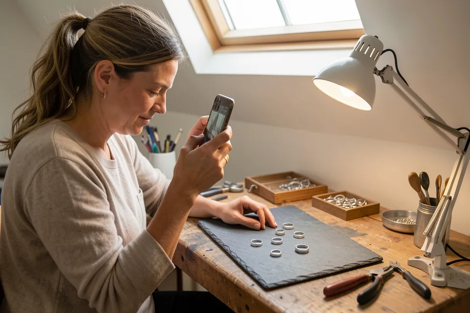 A jewelry maker photographing silver rings on a slate tile
