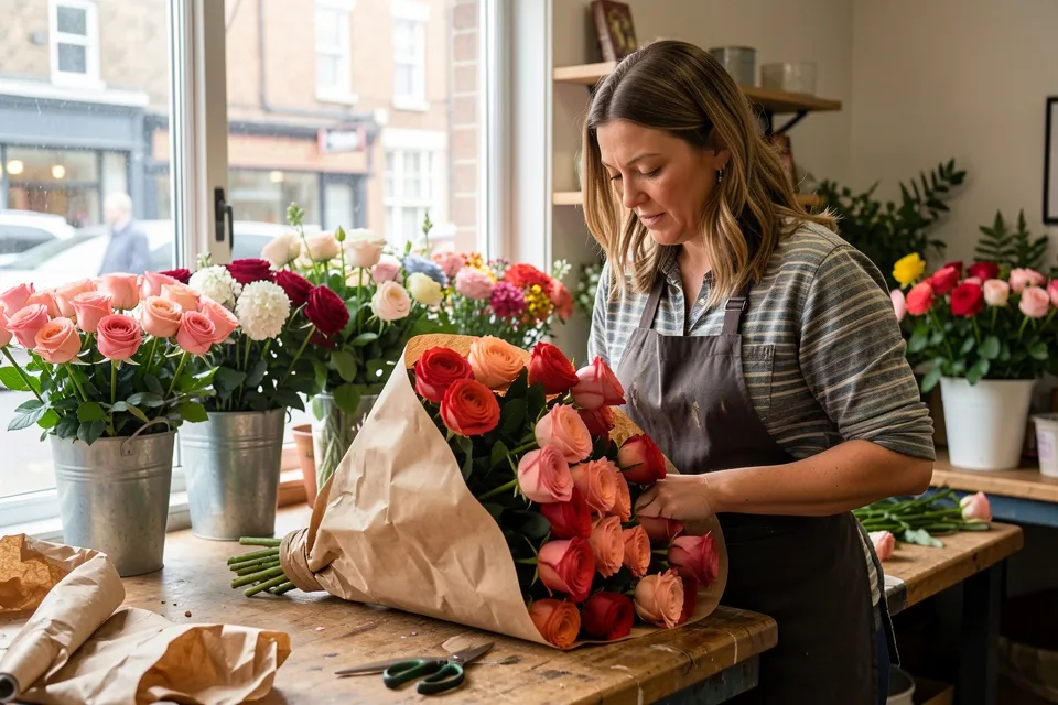 A florist wrapping a rose bouquet on a workbench