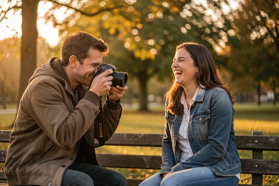 A photographer taking a portrait in a park at sunset