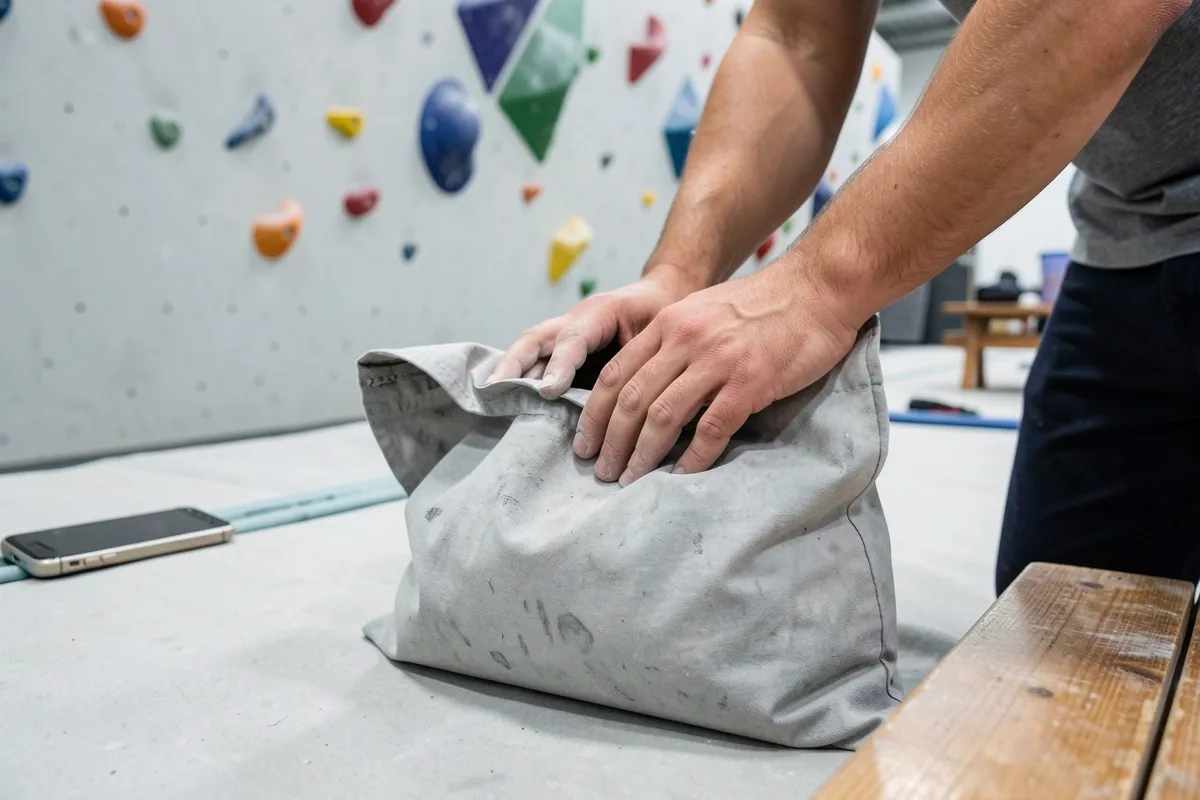 Hands dipping into a chalk bag beside a climbing wall, a phone face down nearby