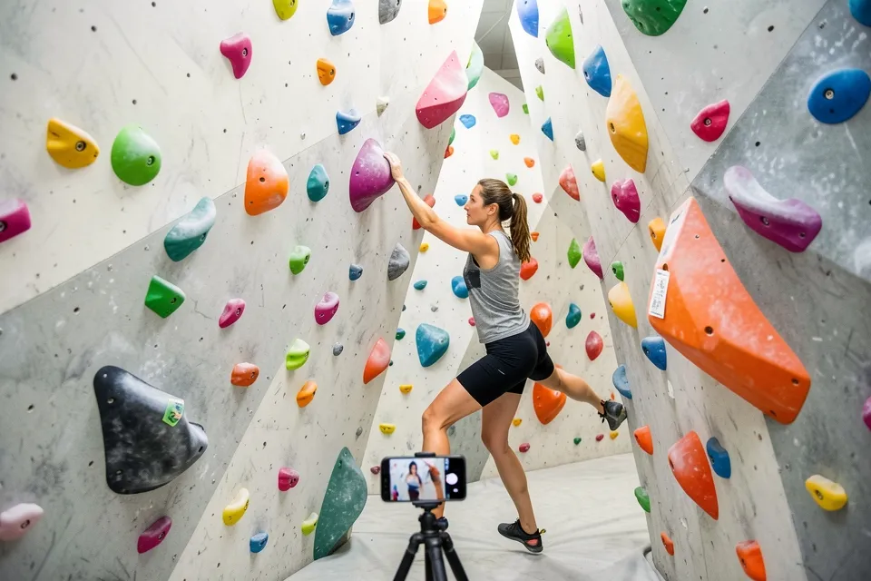 A bouldering coach on an indoor climbing wall while a phone on a tripod records her