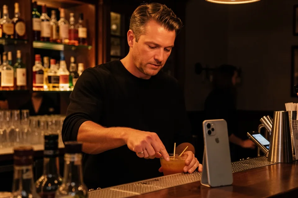 A bartender shaking a cocktail while a phone on a stand films him