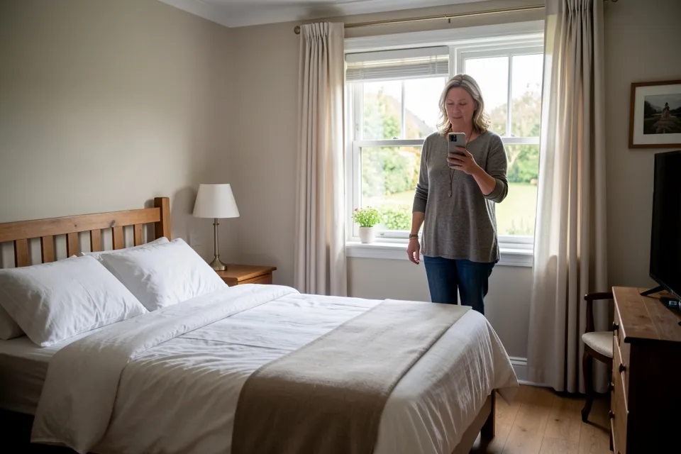 A guesthouse host filming a freshly made guest room on her phone