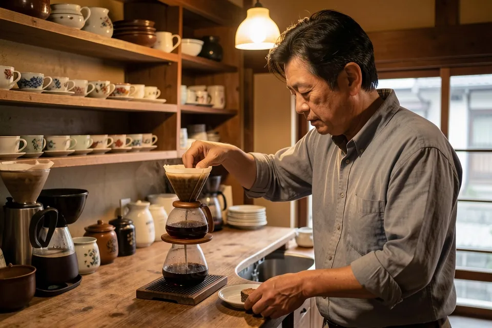 A coffee master pouring cloth-filter coffee in an old Kyoto coffee shop