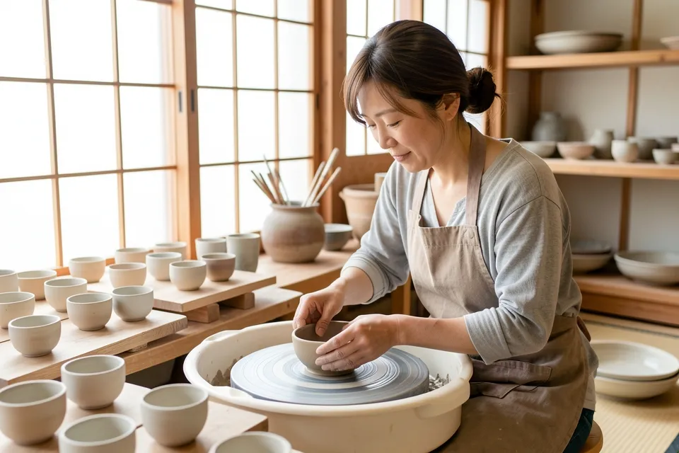A potter shaping a bowl on a wheel in a bright workshop