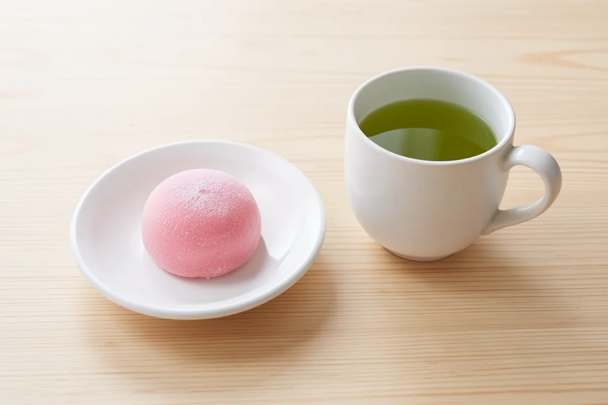A sakura mochi on a small plate beside a cup of green tea