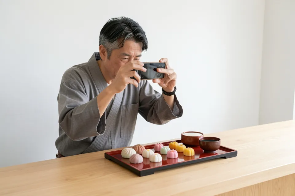 A wagashi maker photographing seasonal sweets on a lacquered tray