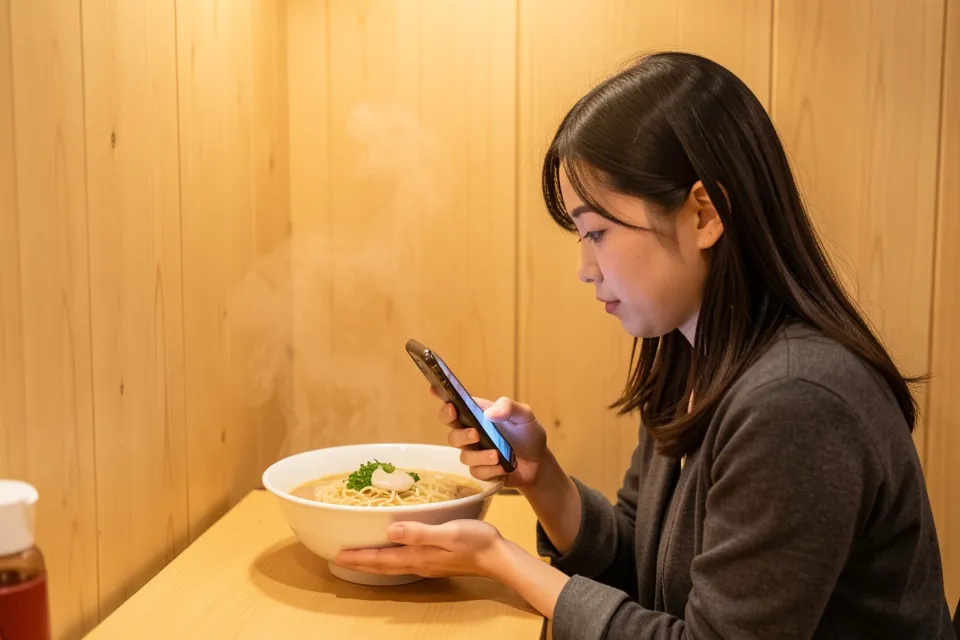 A woman photographing a bowl of ramen at a Tokyo counter