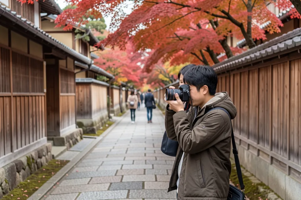 A man with a film camera photographing a friend on a Kyoto lane in autumn