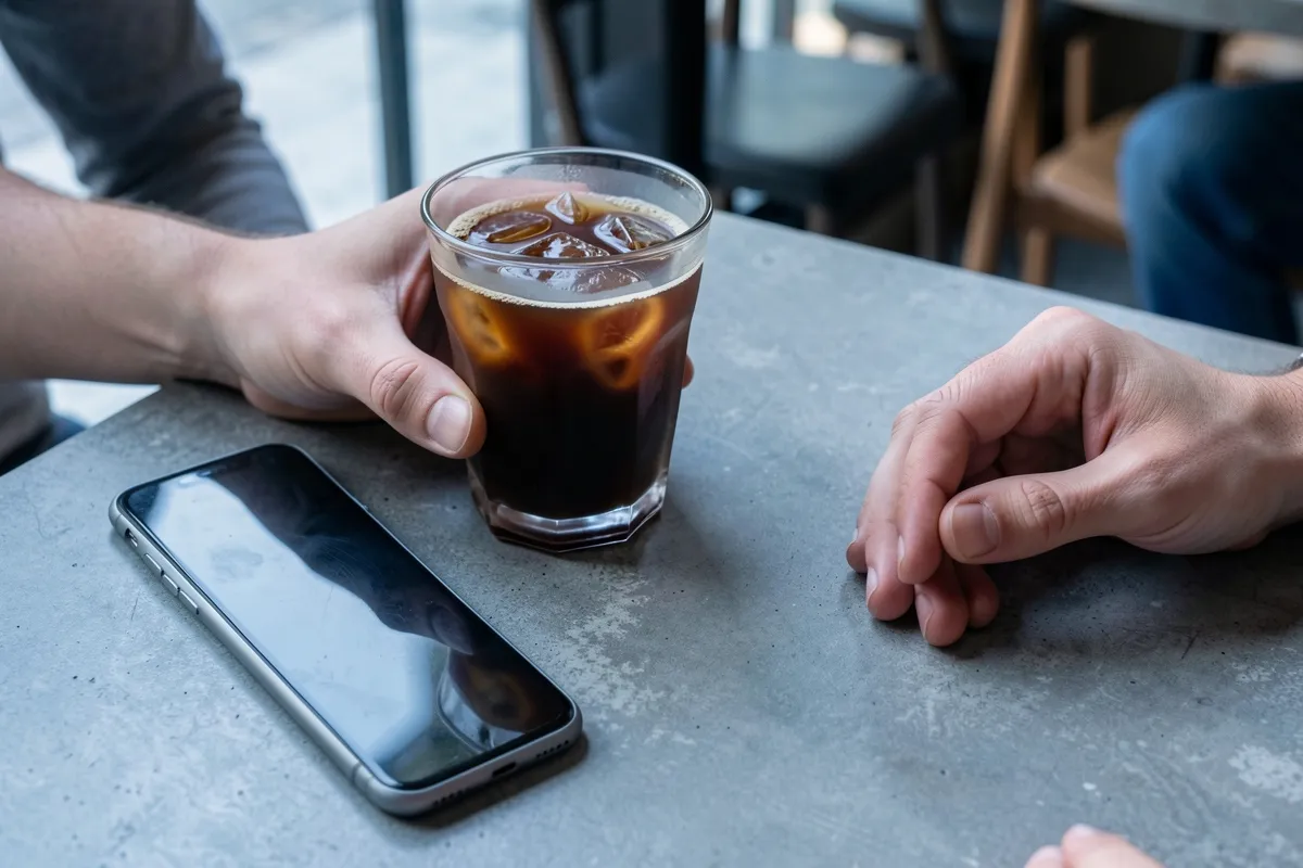 Hands holding an iced coffee beside a phone lying face down on a concrete table