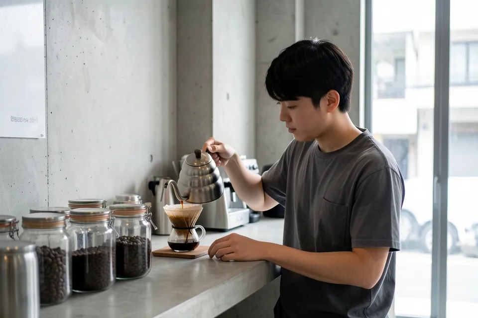 A barista pouring hand-drip coffee in a minimalist Seoul cafe