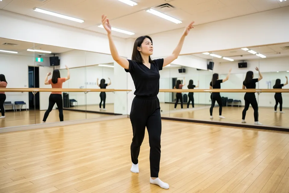 A dance instructor rehearsing in a mirrored studio in Seoul