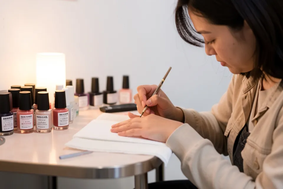 A nail artist painting a client's nails in a small salon