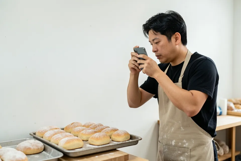 首尔的面包师给一盘盐面包拍照