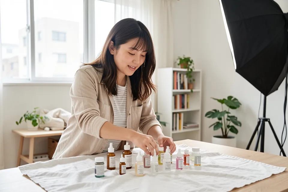 女子在首尔的公寓工作室里摆放护肤品拍产品照