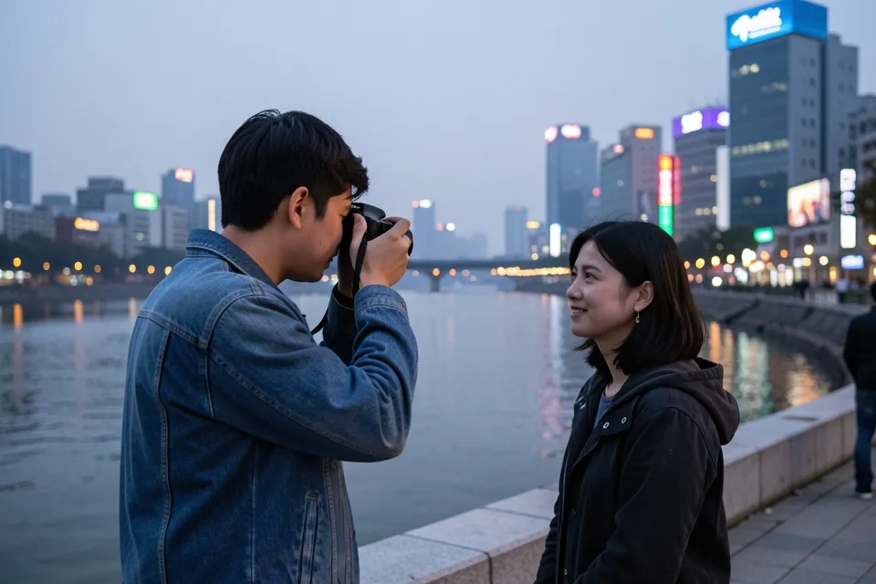 男子黄昏时在汉江边给朋友拍照