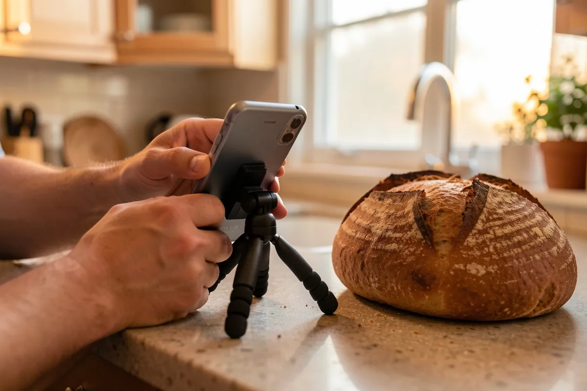Hands adjusting a small phone tripod on a kitchen counter, phone screen facing away