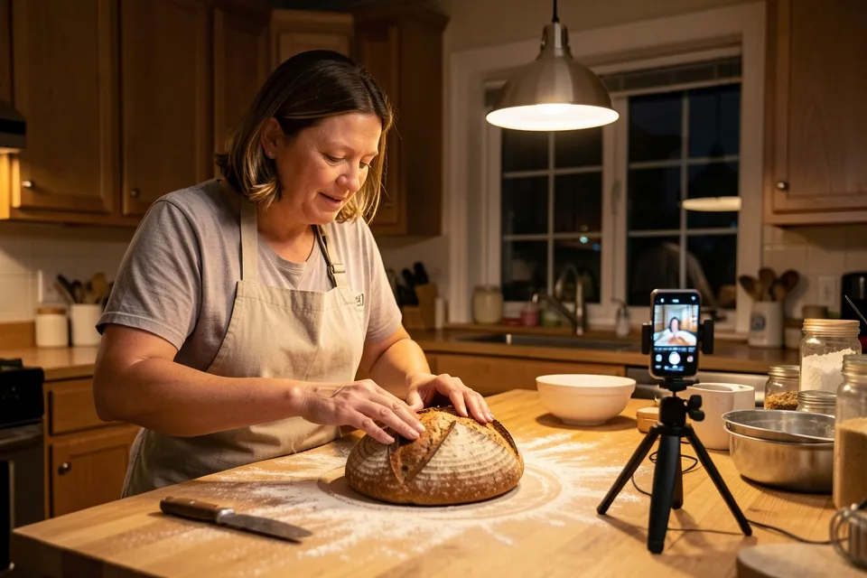 A home baker scoring a sourdough loaf while a phone on a small tripod films it