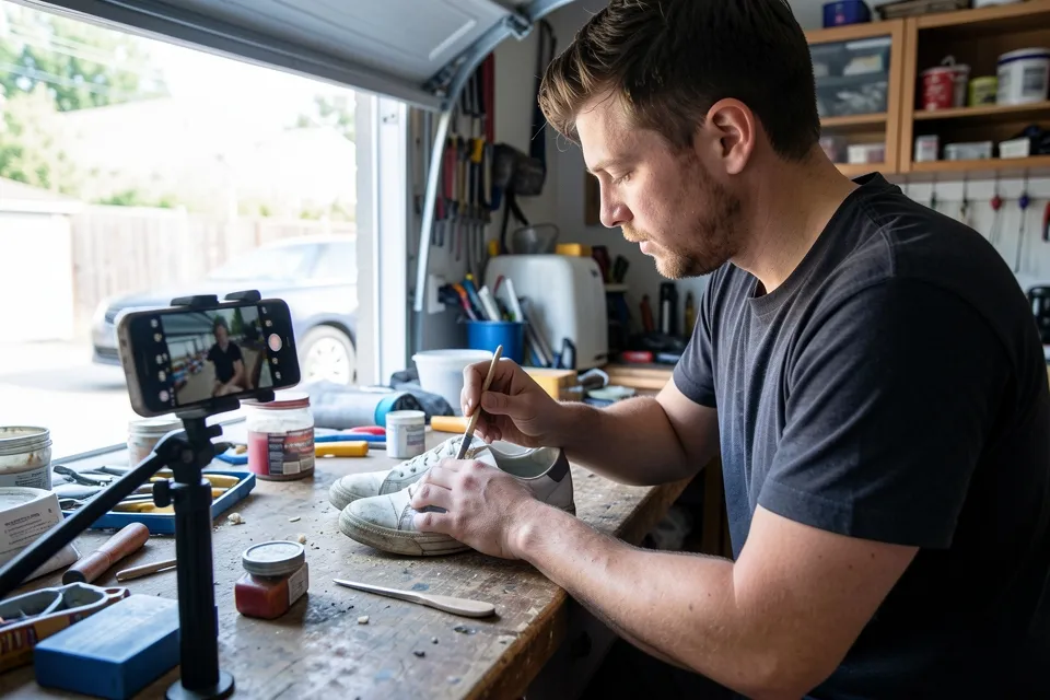 A man restoring old sneakers at a workbench while a clamped phone films