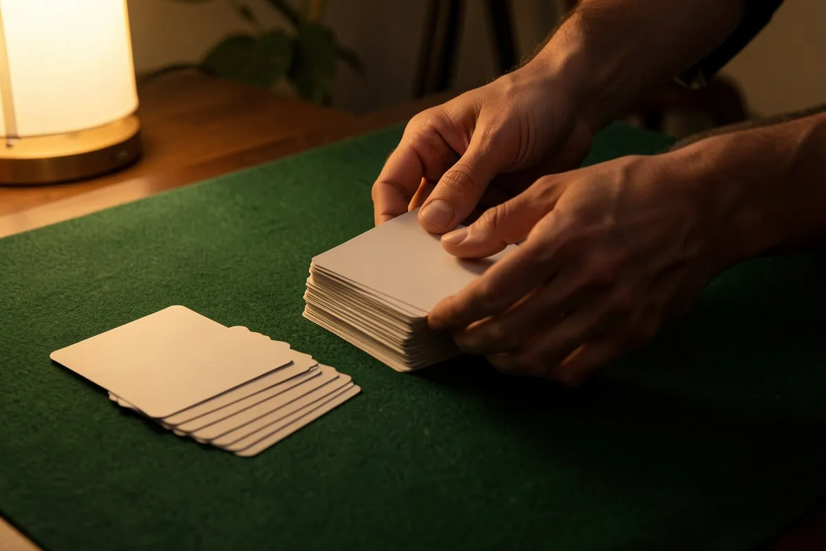 Hands shuffling a deck of playing cards on a green felt mat