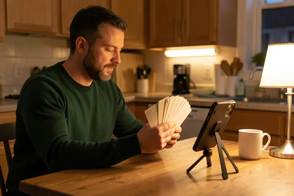 A man performing a card trick for a phone on a tripod at a kitchen table