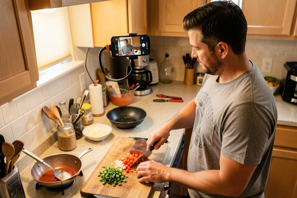 A home cook filming a recipe with a phone mounted above the cutting board