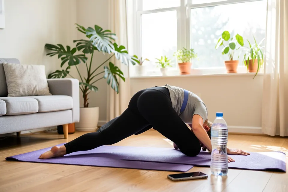 A fitness coach demonstrating a stretch for a phone leaning on a water bottle