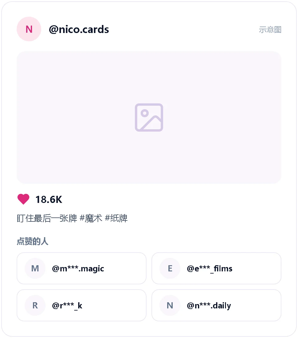 示意图：一条 TikTok 纸牌魔术视频的点赞数和点赞的账号