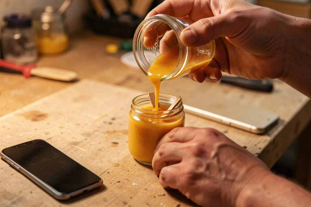 Hands pouring melted wax into a glass jar, a phone face down beside it
