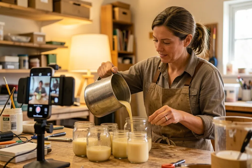 A candle maker pouring wax into glass jars while a phone on a stand films her