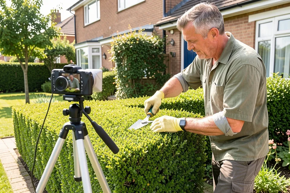 A gardener trimming a hedge while a phone on a tripod records him