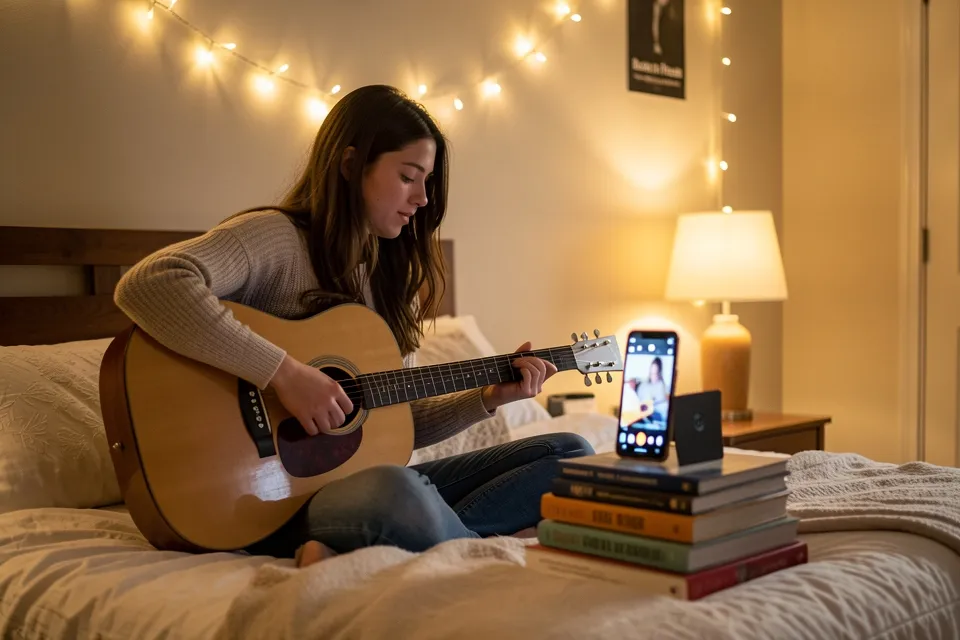 A woman playing acoustic guitar on her bed to a phone propped on books