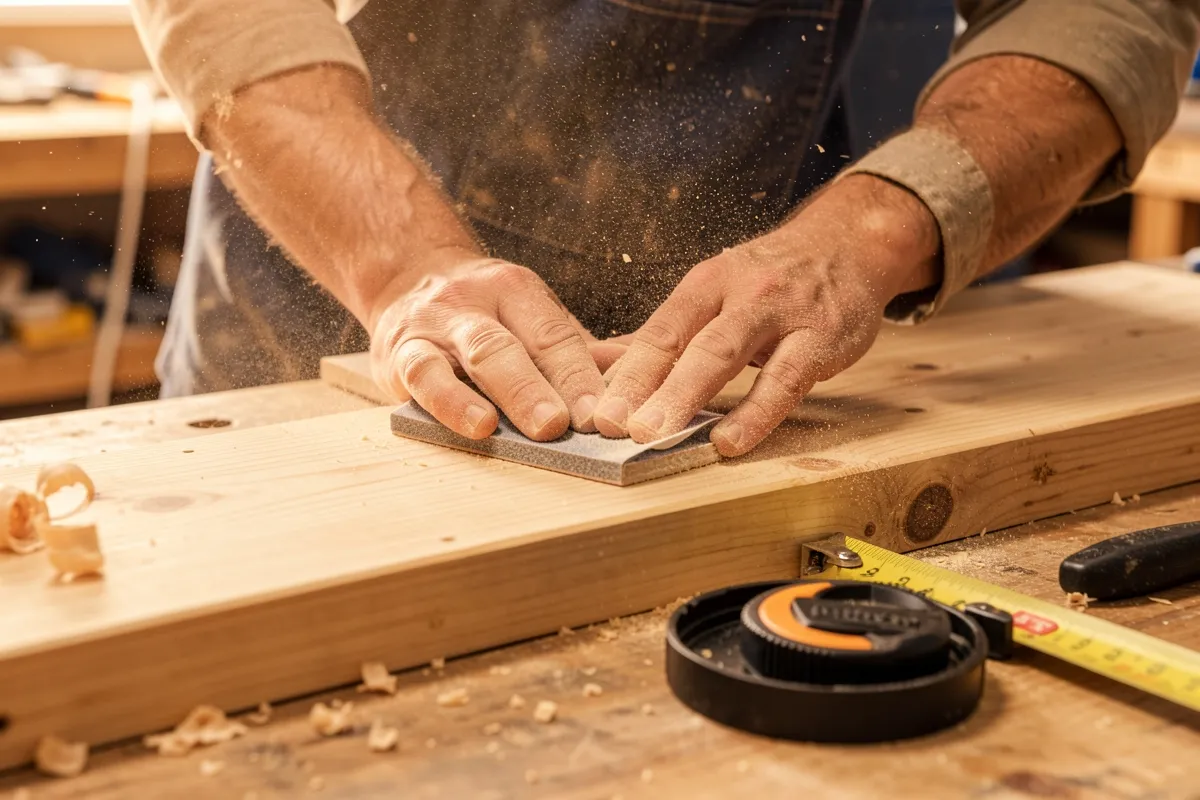 Hands sanding a wooden board on a workbench